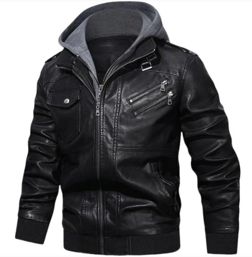 Mens Black Hooded Leather Jacket